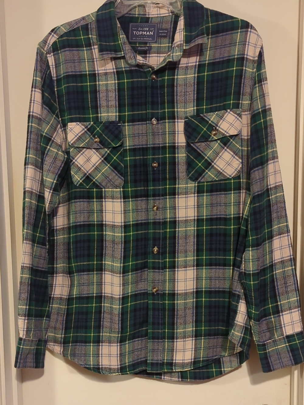 Topman Green, Navy & White Plaid Button-Down Shirt
